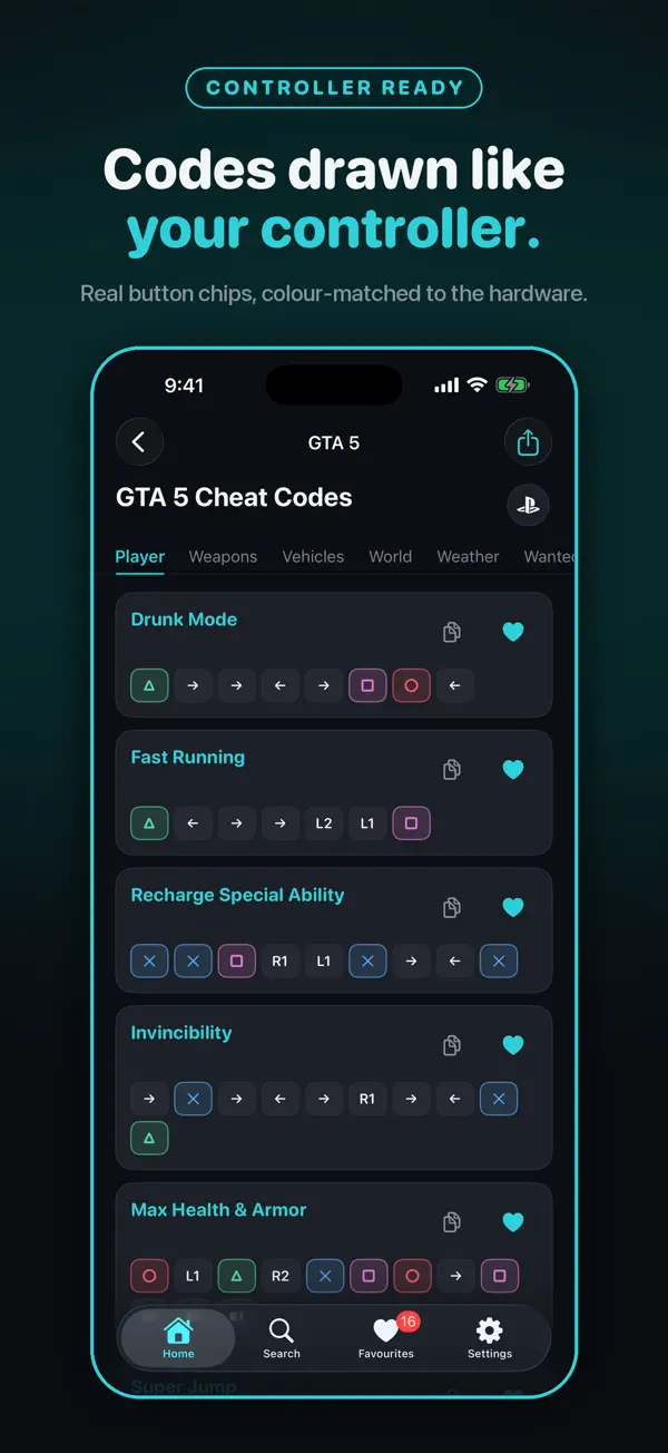 Cheatly cheat list for a game, grouped by category