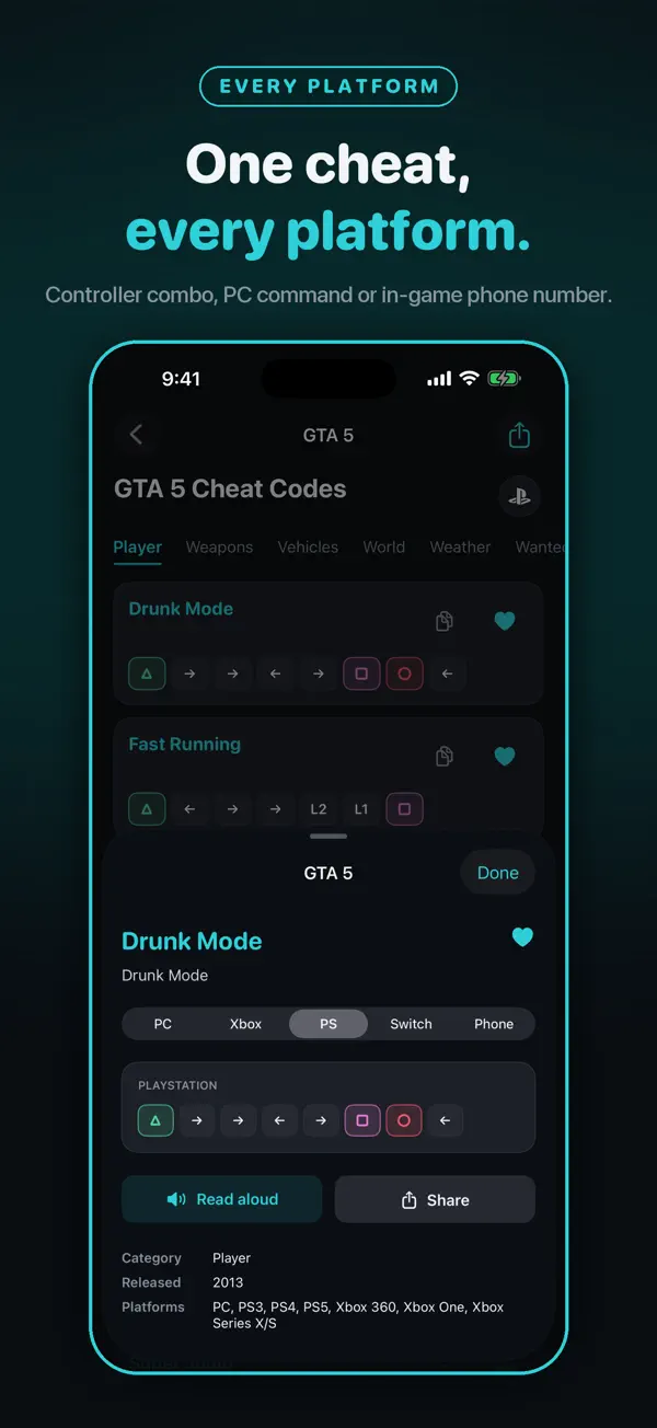Cheatly cheat detail with controller button sequence