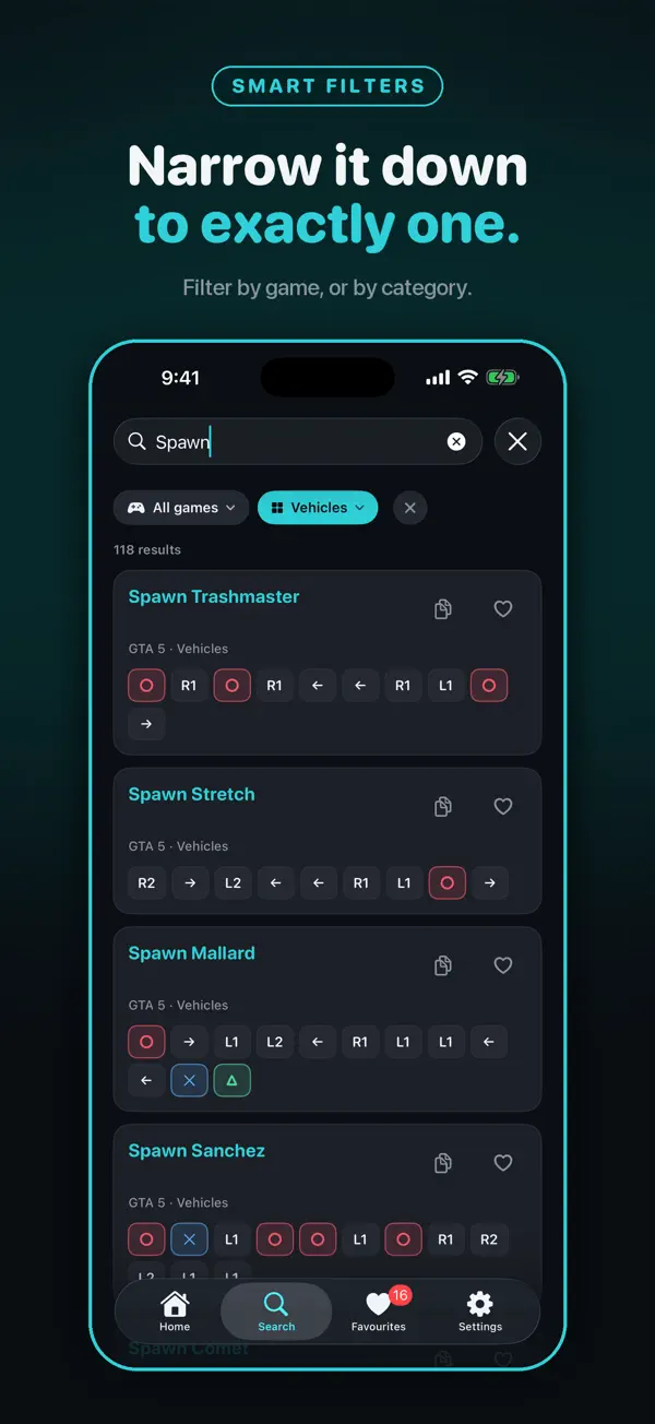 Cheatly filters by game, platform and cheat category