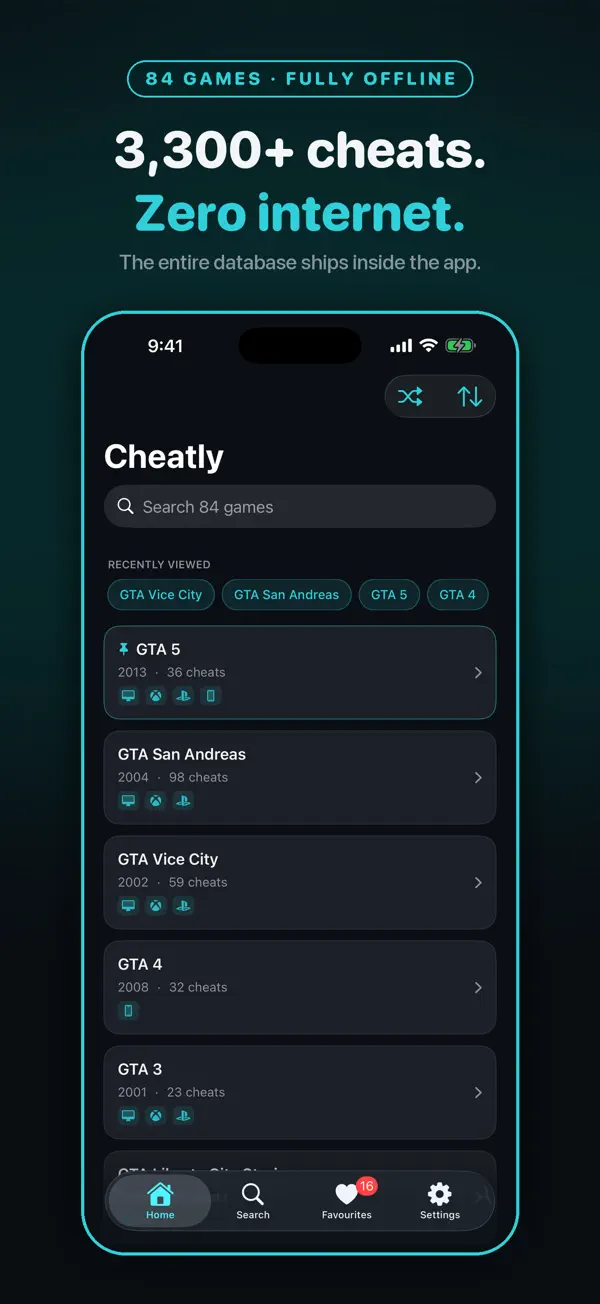 Cheatly home screen listing games with cheat codes