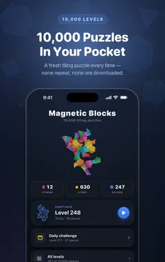 Magnetic Blocks home screen with play, daily challenge and build mode