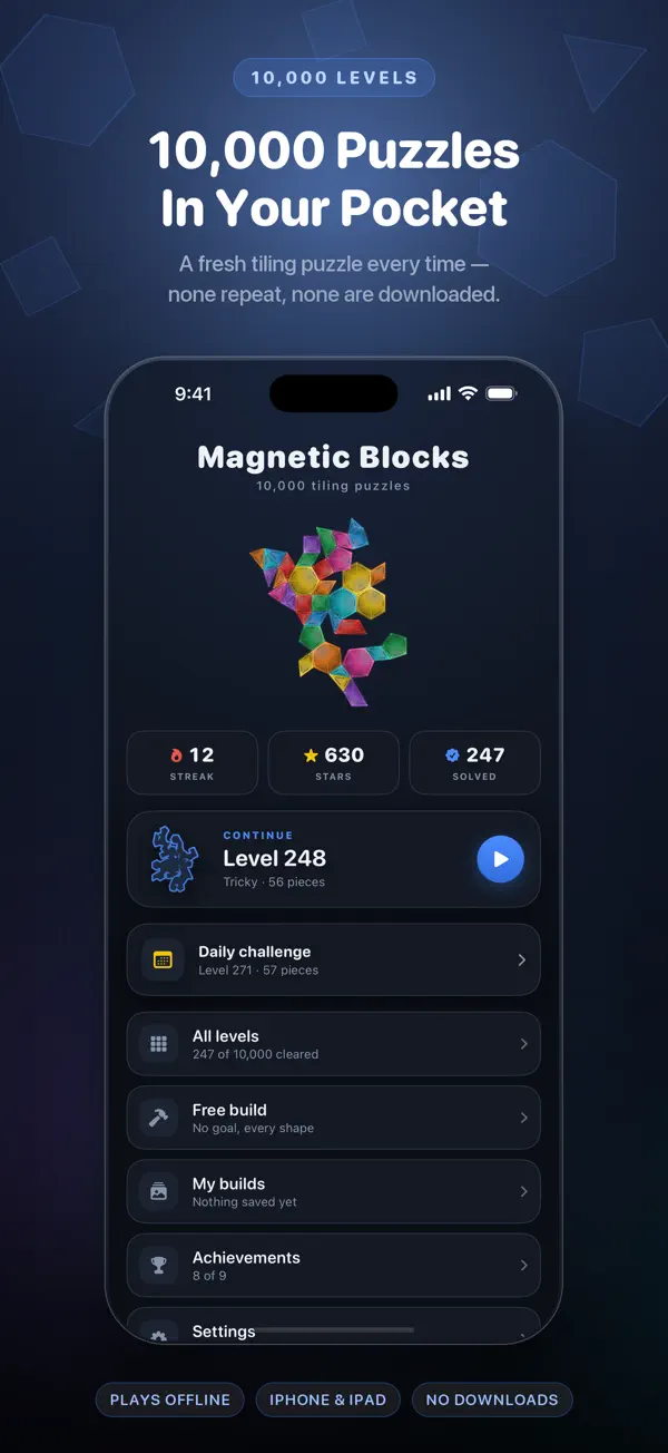 Magnetic Blocks home screen with play, daily challenge and build mode