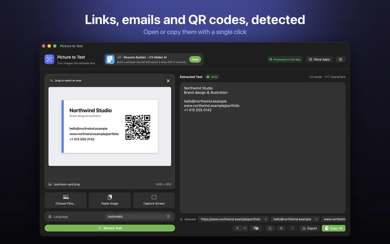 Picture to Text detecting links, emails, phone numbers and QR codes