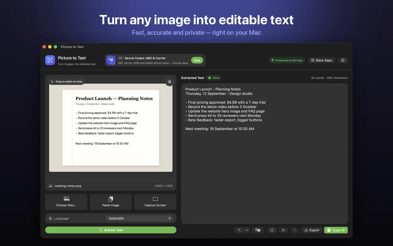 Picture to Text for Mac extracting text from an image