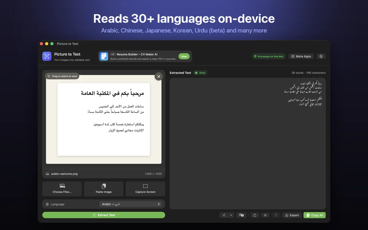 Picture to Text language picker with 30+ OCR languages