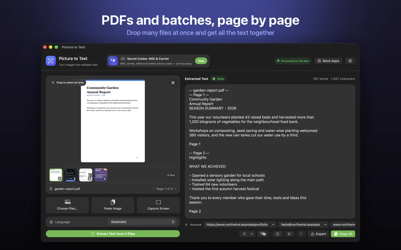 Picture to Text reading a multi-page PDF page by page
