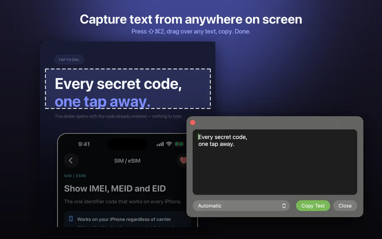 Picture to Text quick screen capture from the menu bar