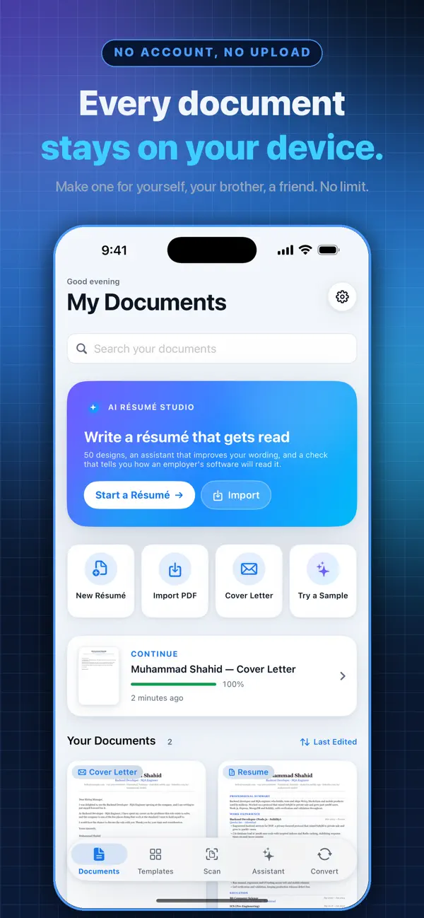 Resume Builder documents list with resumes, cover letters and biodata