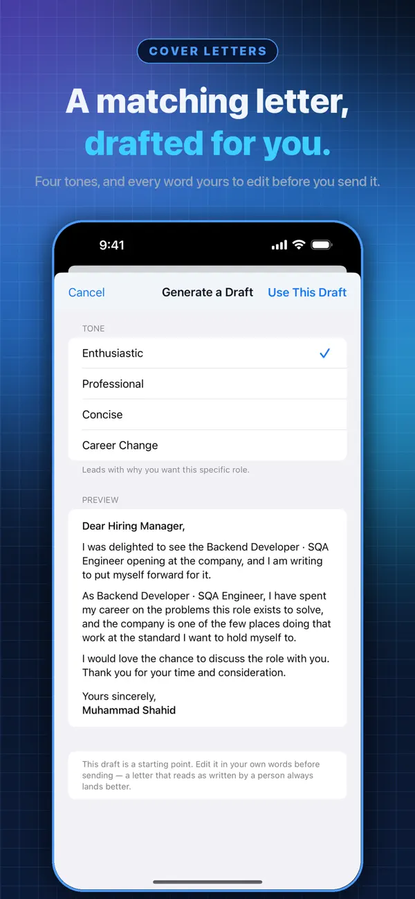 Resume Builder cover letter editor