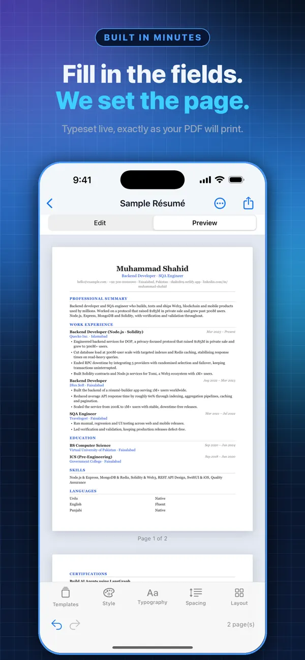 Resume Builder live preview that matches the exported PDF