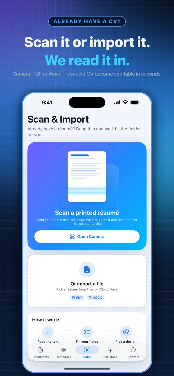 Resume Builder scanning a printed CV with the iPhone camera