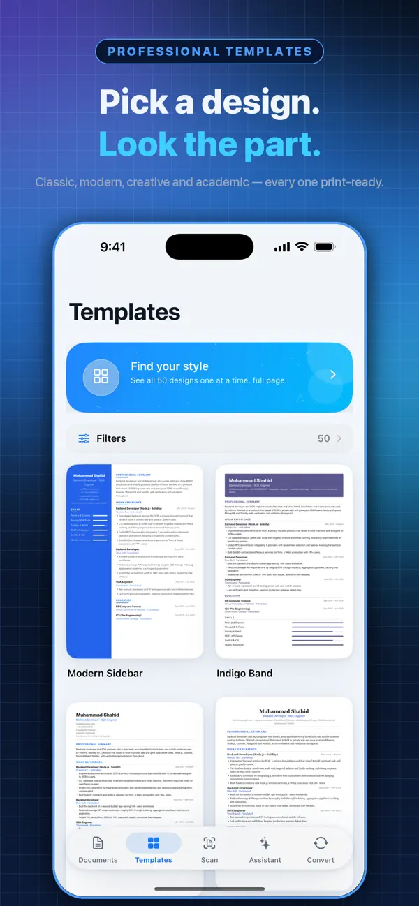 Resume Builder template gallery with professional resume designs