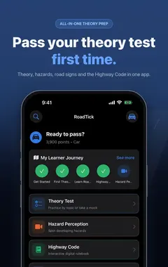 RoadTick home screen with theory practice, mock tests and hazard perception