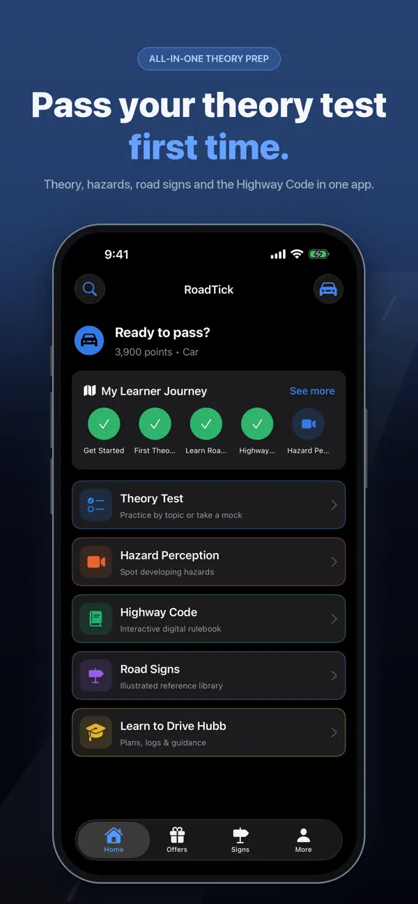 RoadTick home screen with theory practice, mock tests and hazard perception