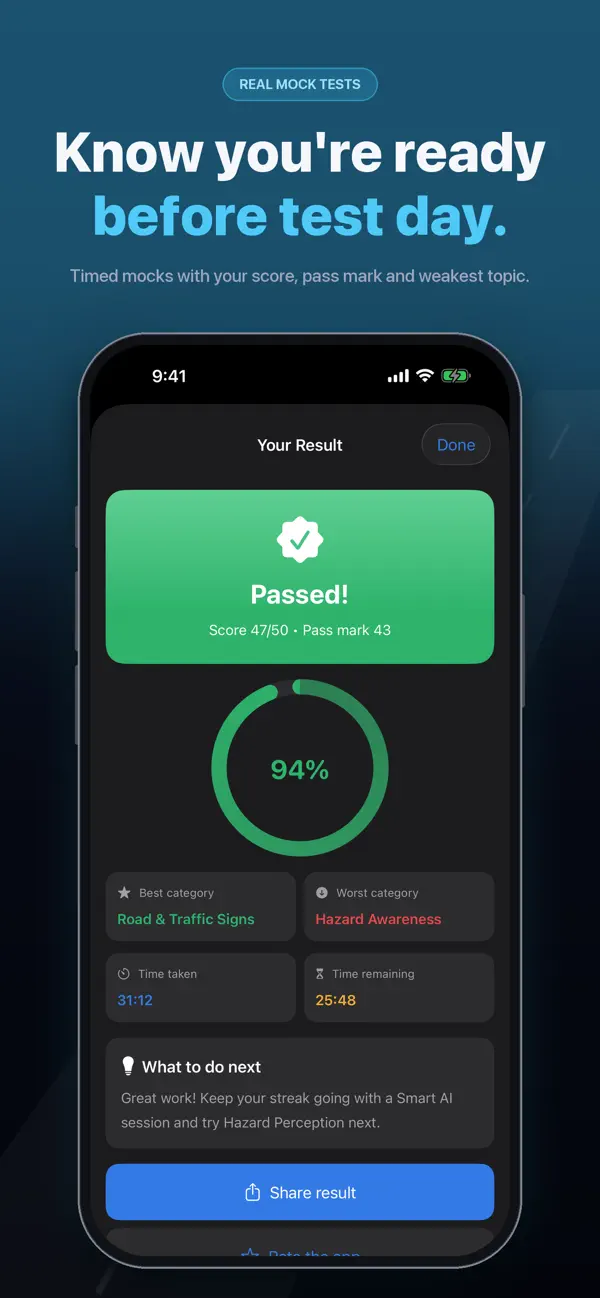 RoadTick mock test result screen with score breakdown