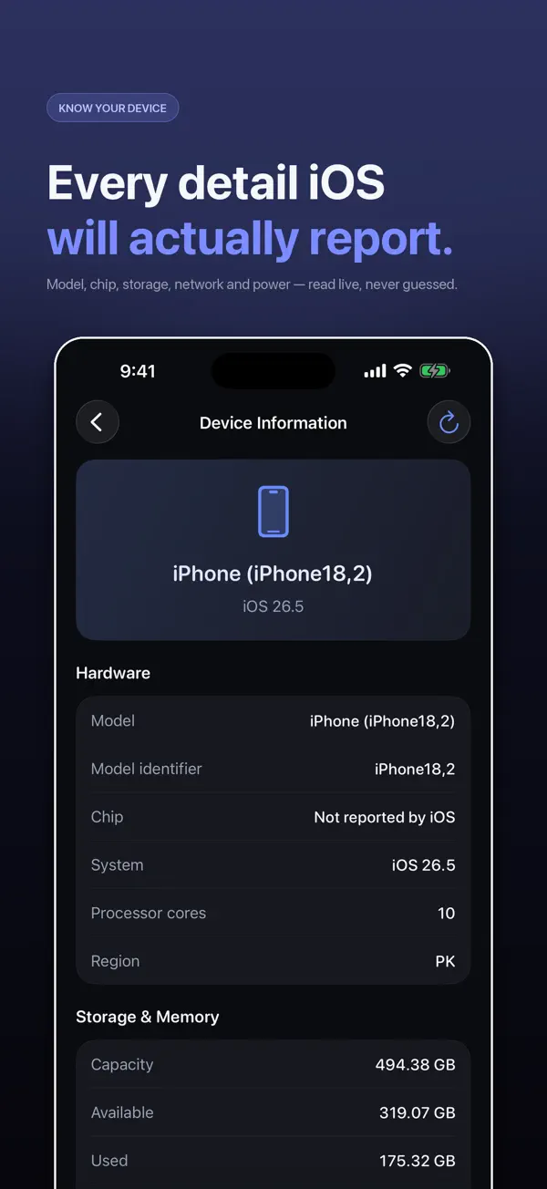 Secret Codes device information screen