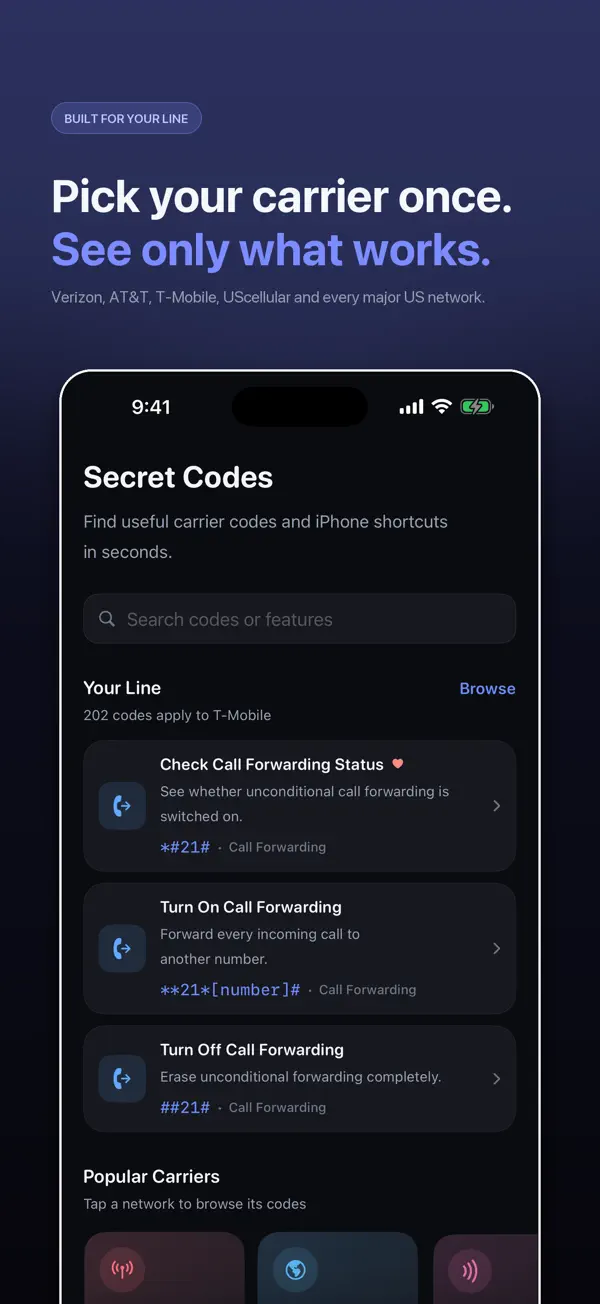 Secret Codes home screen with code categories and IMEI shortcut