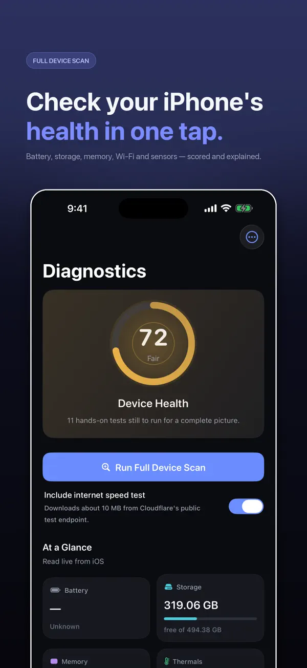 Secret Codes device diagnostic scan with health score