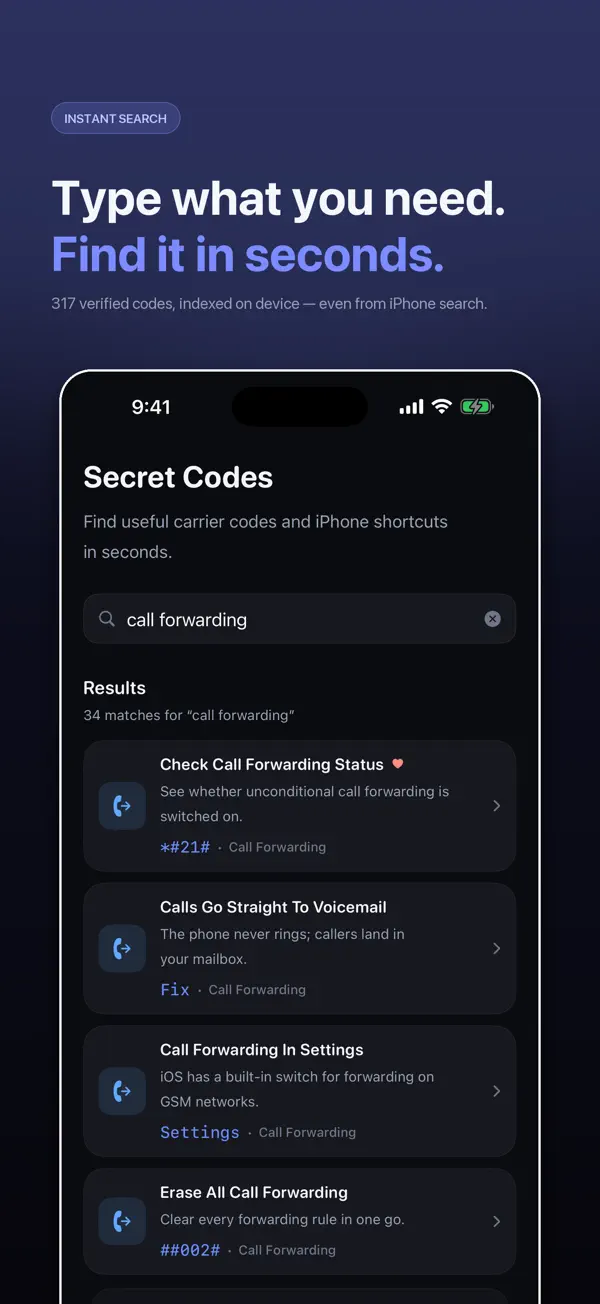 Secret Codes search across 317 verified dial codes