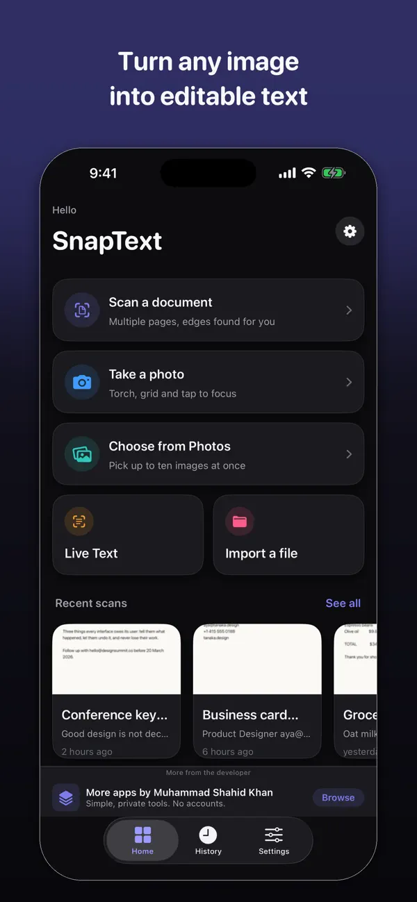 SnapText home screen with camera, scan and photo import options