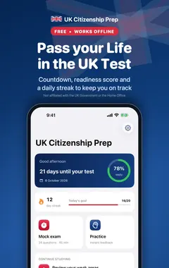 UK Test Prep home screen showing readiness score and study modes