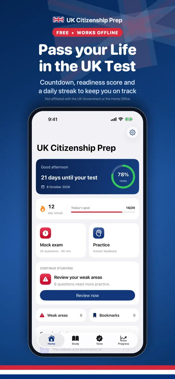 UK Test Prep home screen showing readiness score and study modes