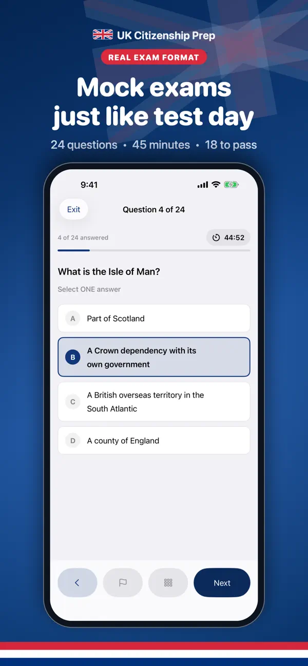 UK Test Prep mock exam: 24 questions with a 45-minute timer