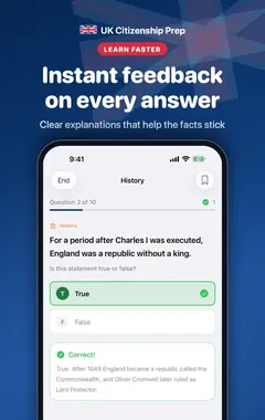 UK Test Prep practice mode with instant feedback and explanation