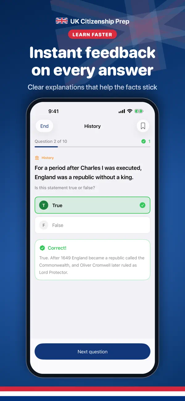 UK Test Prep practice mode with instant feedback and explanation